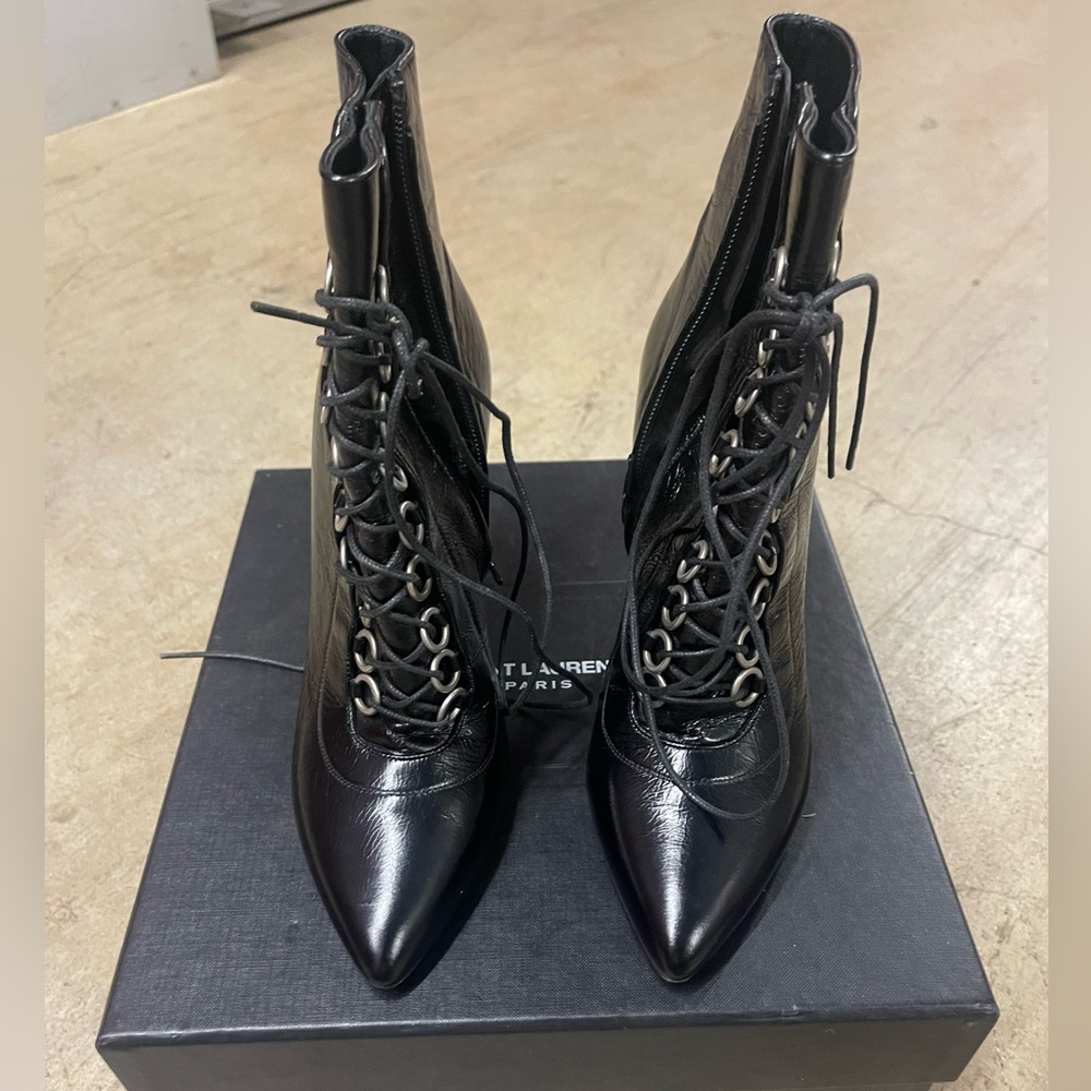 Saint Laurent Black Leather Lace-Up Boots